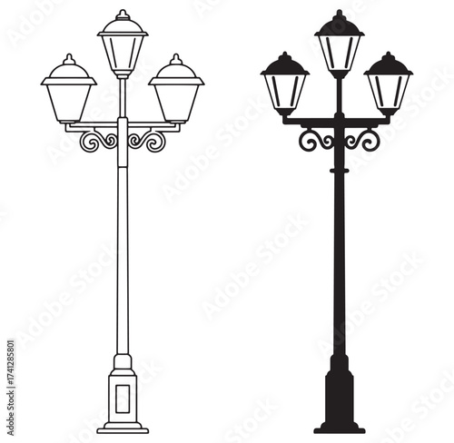 Elegant black and white vector illustrations of decorative street lamp posts in detailed design