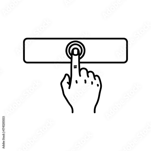 Hand presses a circular button on a rectangular panel in a simple black and white line drawing style
