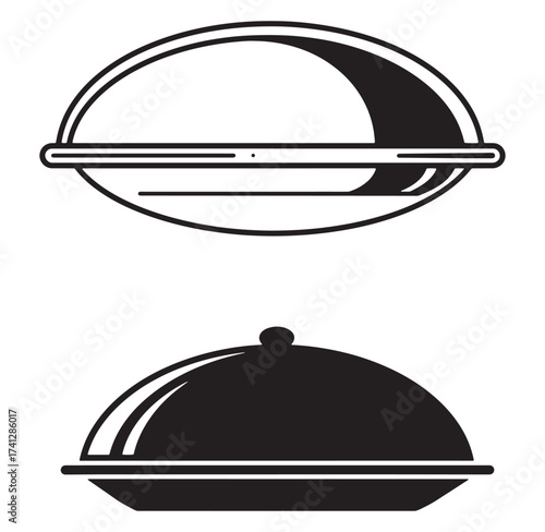 Elegant cloche illustrations of a restaurant serving dish in minimalist monochrome design