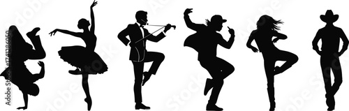 Dance silhouette set with ballet, breakdance, hip-hop, ballroom, and cowboy styles for artistic, cultural, and performance design.