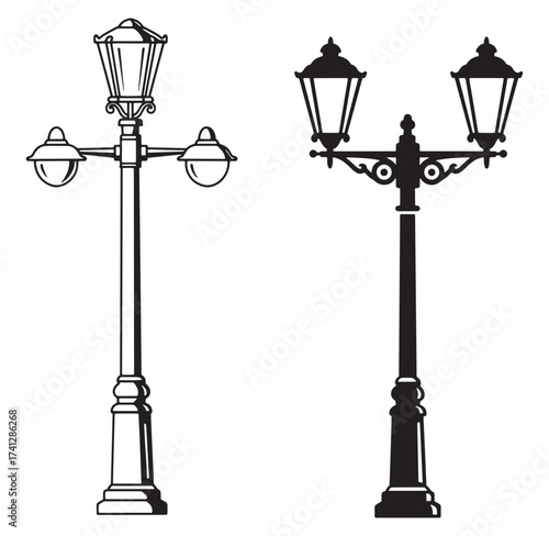 Elegant detailed street lamp vector illustrations in black and white design elements