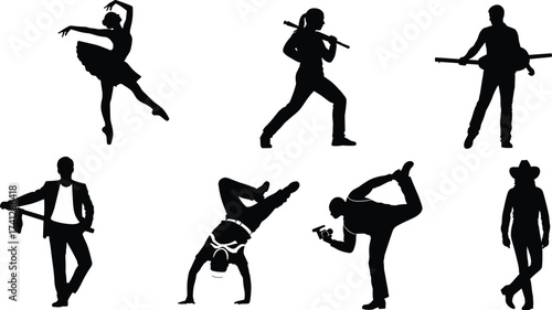 Dance and performance silhouette set with ballet, breakdance, martial arts, and expressive poses for cultural and artistic design.