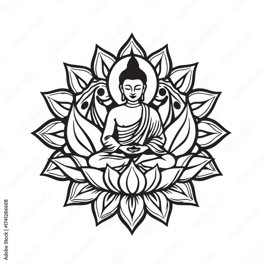 Fototapeta premium Buddha in lotus mandala frame vector design concept black and white illustration.