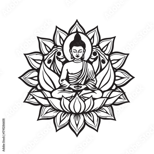 Buddha in lotus mandala frame vector design concept black and white illustration.