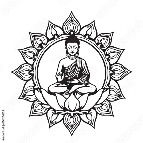 Buddha in lotus mandala frame vector design concept black and white illustration.