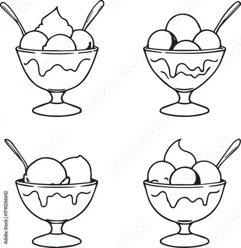 Ice cream sundae icon set with scoops, toppings, spoons, and bowls in black and white outline style