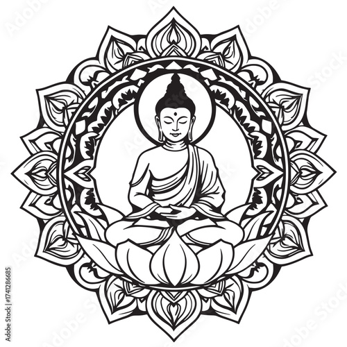 Buddha in lotus mandala frame vector design concept black and white illustration.