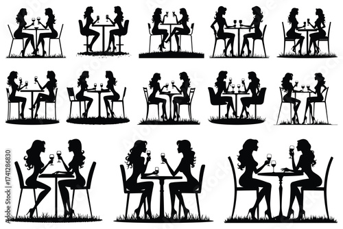 Silhouettes of women sitting at tables with wine glasses