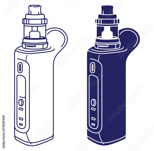 Line art illustrations of a vape device in two different color variations on white