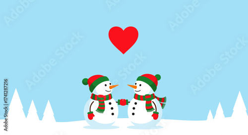 Two snowmen holding hands under a red heart during winter.