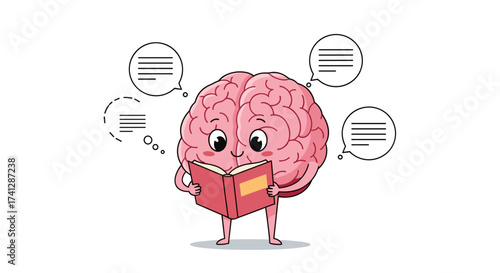 A cute cartoon brain character is reading a book with thought bubbles showing text.