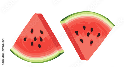 Two slices of refreshing ripe red watermelon with black seeds and green rind on white background.