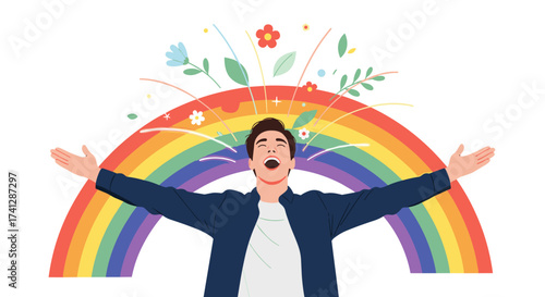 A man opens his arms wide in front of a rainbow emitting colorful flowers and leaves.