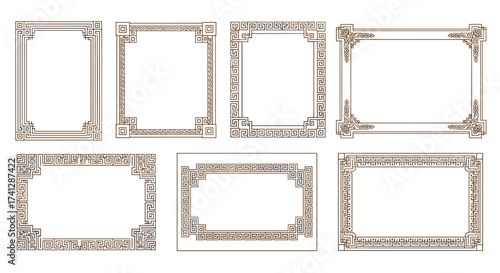 A collection of decorative frames with intricate geometric patterns and ornate corners creating a sophisticated aesthetic.