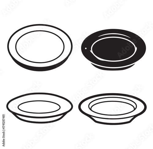 Simple black and white illustration of four different style oval plates or dishes