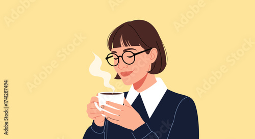 A woman wearing glasses enjoys a warm cup of coffee on a yellow background.