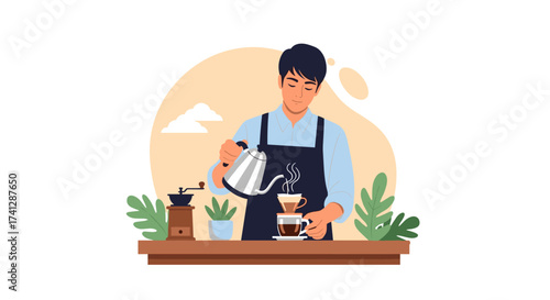 A skilled barista carefully prepares a pour-over coffee using a kettle and a manual grinder.