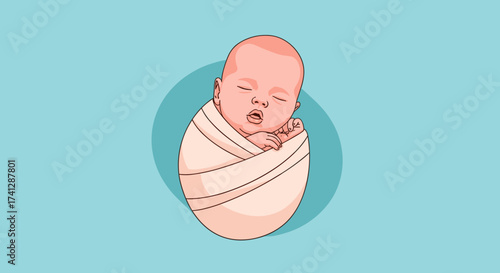 A cute newborn baby wrapped snugly in a swaddle blanket sleeping peacefully.
