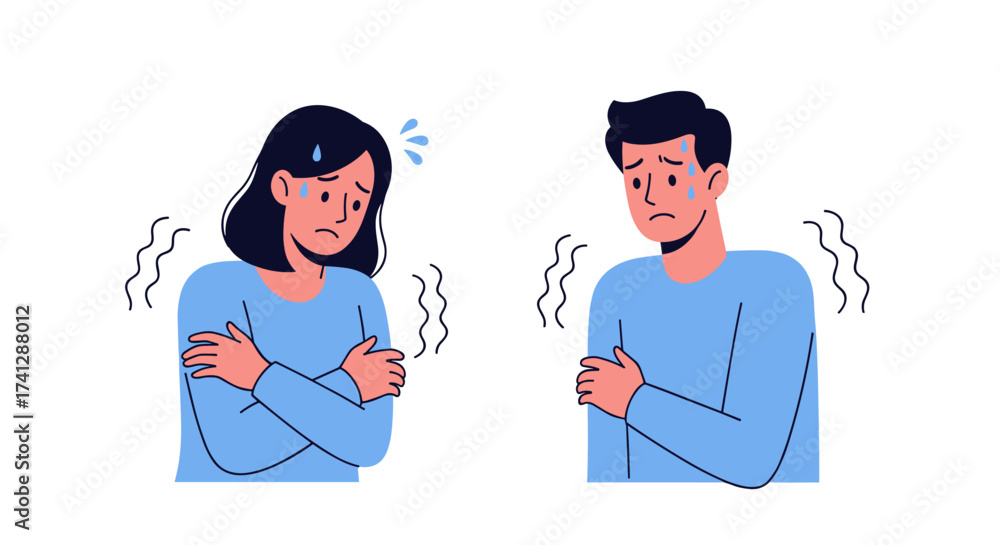 Fototapeta premium Illustrations of a man and a woman shivering with cold symptoms and discomfort.
