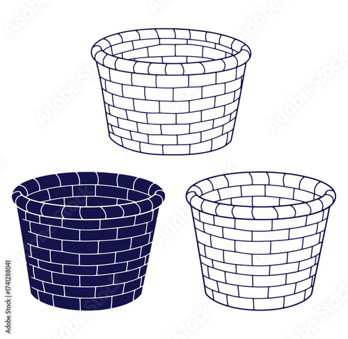 Three stylized basket illustrations showcasing varying outline colors and brick wall weaving pattern