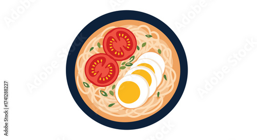 A delicious bowl of ramen noodles with sliced eggs and fresh tomatoes.