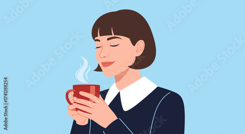 A woman enjoys a warm cup of coffee while relaxing on a clear blue day.
