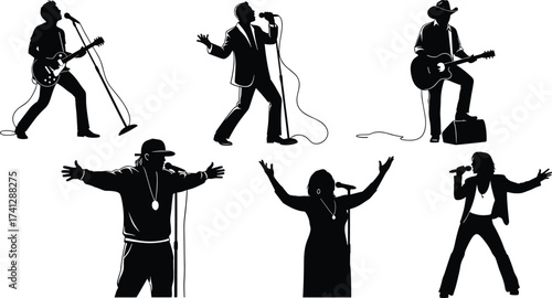 Musician silhouette set with singers, guitarists, rapper, and performers in dynamic poses for music, genre, and stage design.