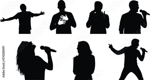Expressive singer silhouettes with microphones in dynamic poses, showcasing vocal performance and emotion for music, design, and branding.