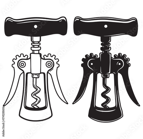 Two detailed black and white corkscrew illustrations suitable for wine and restaurant related designs