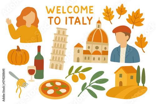 Flat Design Autumn Italy Culture Icon Set