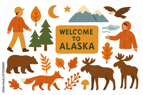 Flat Design Alaska Wilderness and Wildlife Icon Set