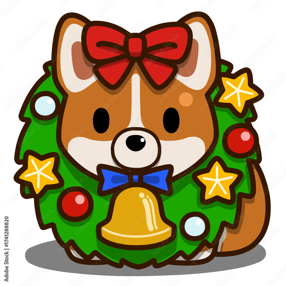 Fototapeta premium クリスマスリースを首にかけたコーギー(レッドカラー)