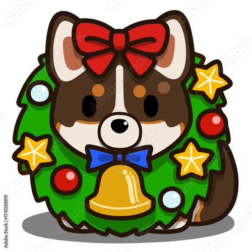 Plakat クリスマスリースを首にかけたコーギー