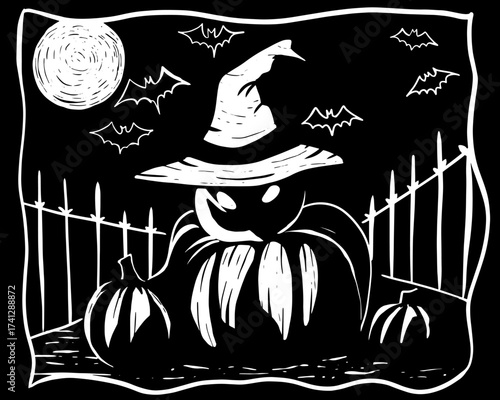 Halloween, scary pumpkins at night with a full moon, bats, black and white drawing