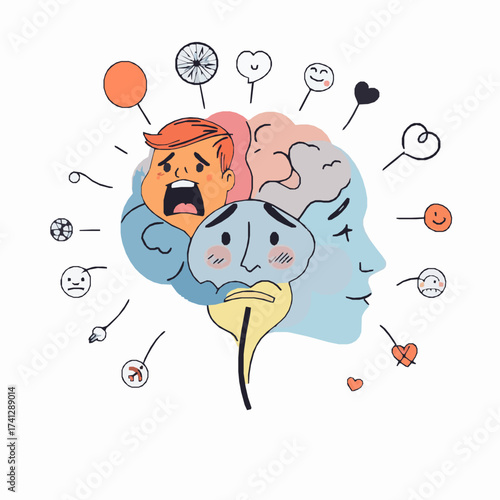 Illustration of a human brain with various emotions and abstract symbols radiating outwards Keywords: brain, mind, emotions, feelings, psychology, mental health, thoughts, ideas, creativity