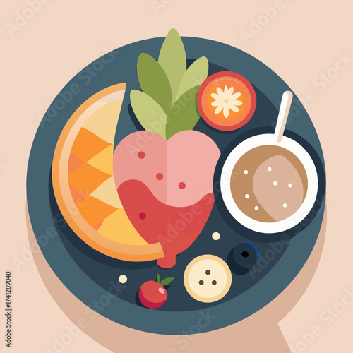 Healthy fruit plate with heart-shaped strawberry orange slice and dipping sauce flat vector illustration for nutrition and wellness concepts