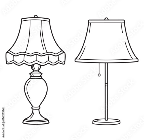 Two elegant vintage table lamps in outlined black and white vector illustration