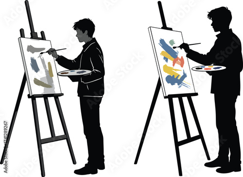 Two artists painting on easels silhouette