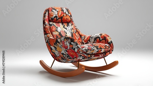 Elegant modern rocking chair with vibrant floral upholstery. A comfortable and stylish piece of furniture isolated on a light background, embodying a cozy home concept