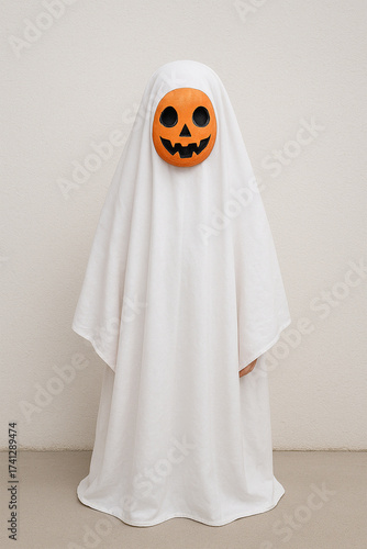 Cute Ghost Halloween Costume with Pumpkin Mask in Front of White Wall