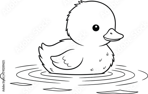 Adorable Duckling Floating on Water with Ripples - Black and White Outline Vector Illustration for Coloring and Children's Designs