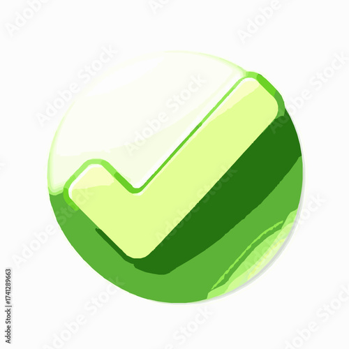 A stylized green check mark within a round, glossy, abstract shape on a white background circle symbol