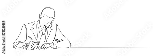 Continuous Line Drawing illustration of a businessman writing on paper. Editable line Vector eps