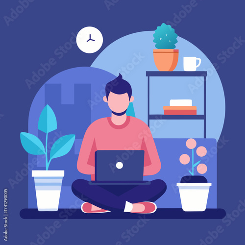 Man working on laptop in a room with plants vector illustration in flat design suitable for web and app design