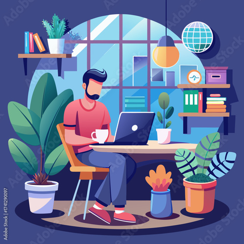 Man working on laptop at desk in home office surrounded by plants and bookshelves vector illustration for remote work and lifestyle concepts