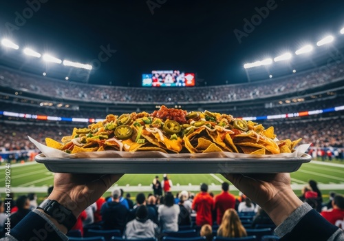 Person holding a large tray of loaded nachos in front of a packed stadium crowd during a night game, stadium lights illuminating the scene