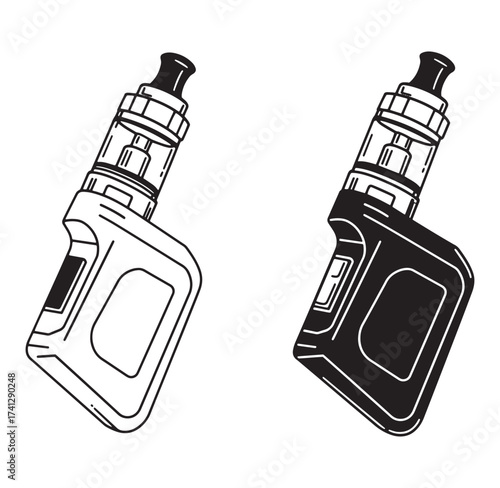 Two vector illustrations of electronic cigarette devices in black and white outlines