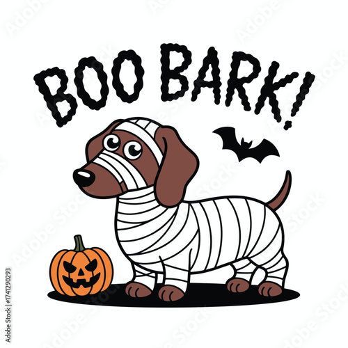 A cartoon illustration of a mummified dachshund dog with brown and white coloring wrapped in white bandages from head to tail