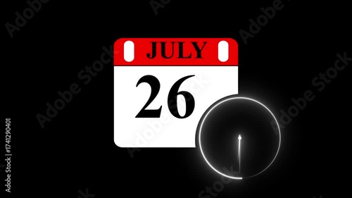 Wallpaper Mural An animated-style illustration of a calendar showing JULY 26  day with a clock beside it, symbolizing New Year’s Day. The design represents holiday celebration, countdown, time, and new beginnings.  Torontodigital.ca