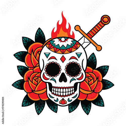 Floral skull with flame and dagger traditional day of the dead design